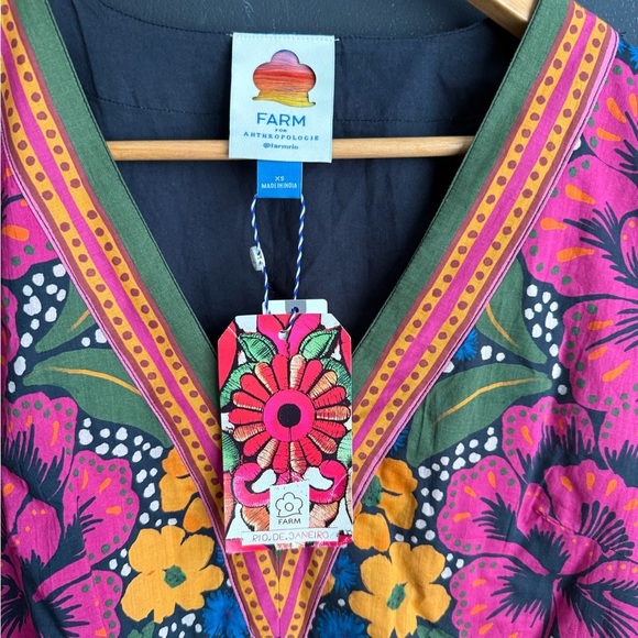 NWT FARM Rio Embellished Pink and Blue Bishop Sleeve Sundress 100% Cotton XS - Picture 5 of 16